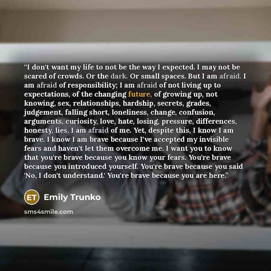 “I don't want my life to not be the way I expected. I may not be scared of crowds. Or the dark. Or small spaces. But I am afraid. I am afraid of responsibility; I am afraid of not living up to expectations, of the changing future, of growing up, not knowing, sex, relationships, hardship, secrets…” quote by Emily Trunko