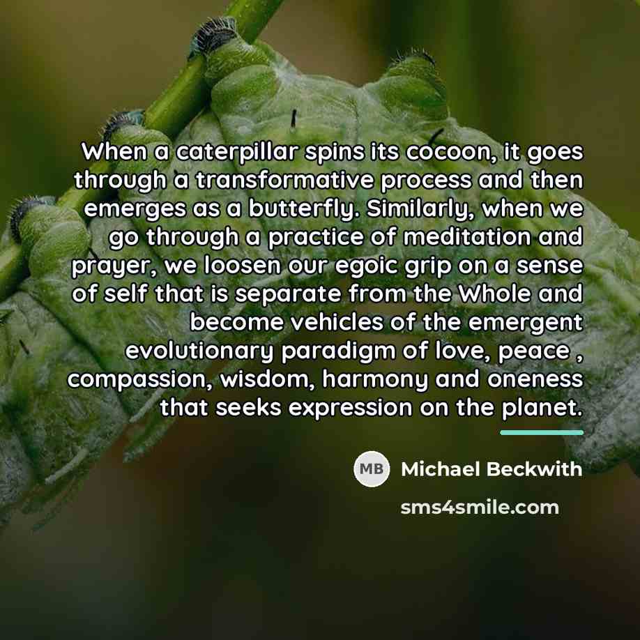 “When a caterpillar spins its cocoon, it goes through a…” quote by Michael Beckwith