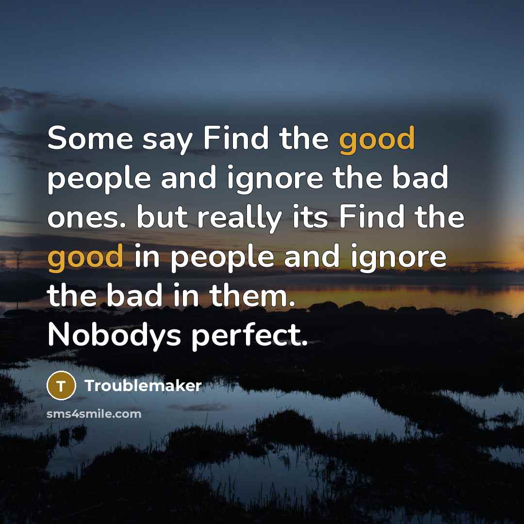 “Some say Find the good people and ignore the bad ones. but really its Find the good in people and ignore the bad in them. Nobodys perfect.” quote by Troublemaker