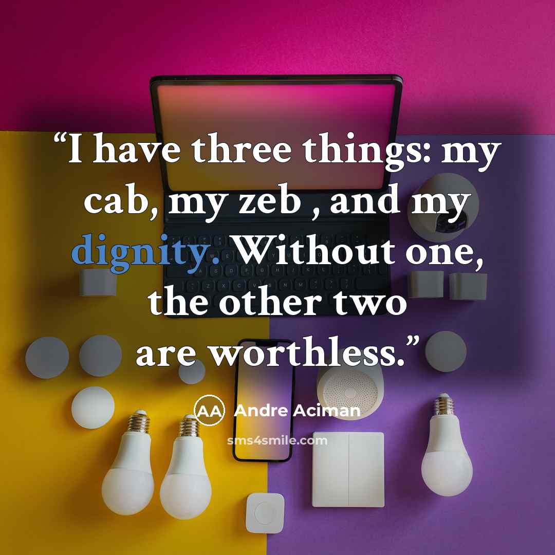 “I have three things: my cab, my zeb , and my dignity. Without one, the other two are worthless.” quote by André Aciman