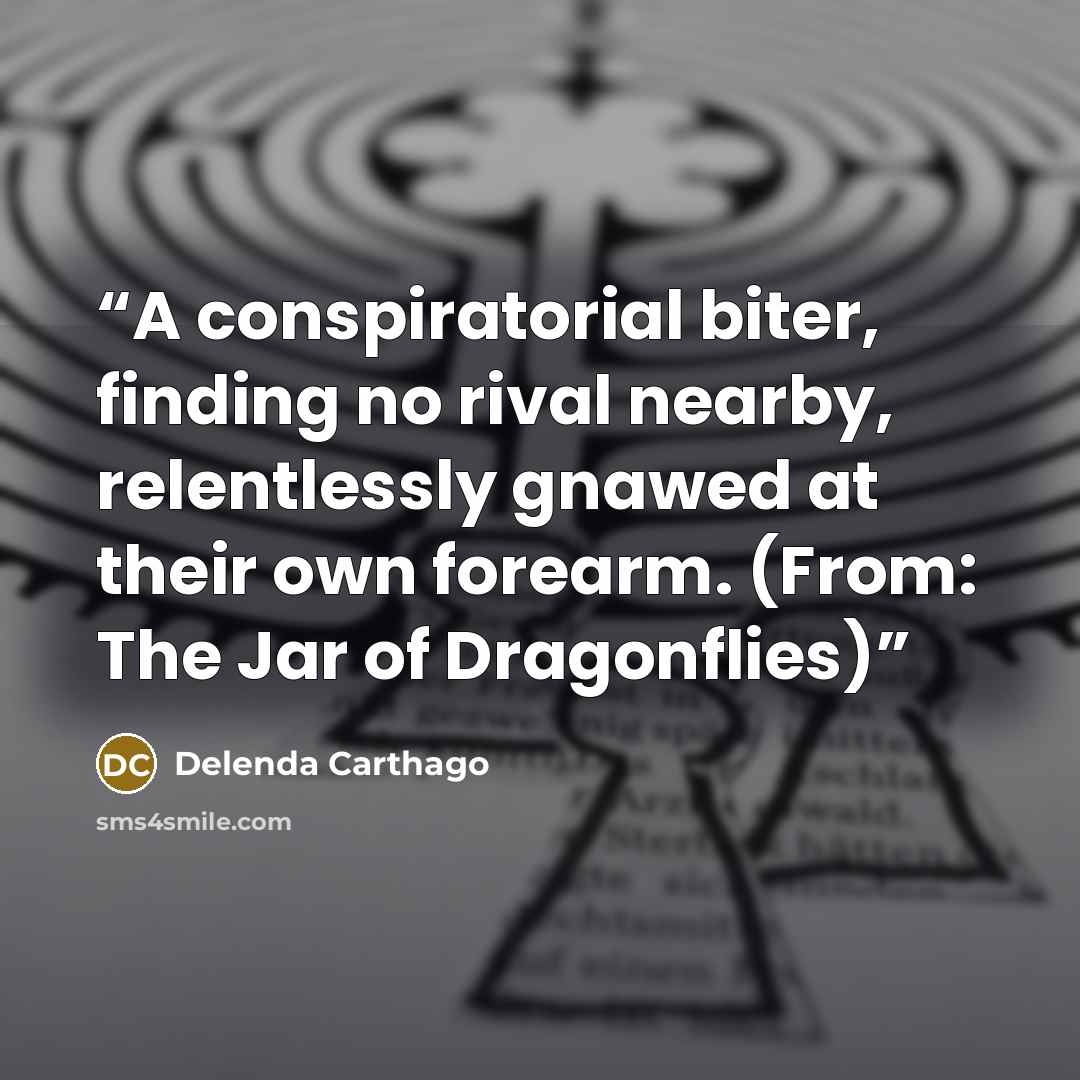 “A conspiratorial biter, finding no rival nearby, relentlessly gnawed at their own forearm. (From: The Jar of Dragonflies)” quote by Delenda Carthago