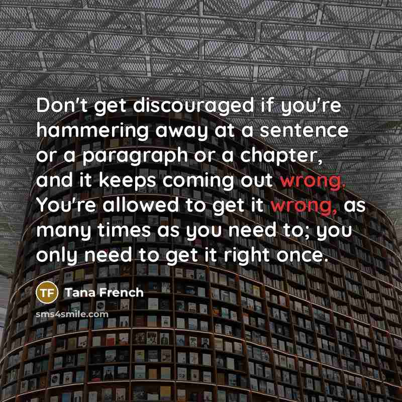 “Don't get discouraged if you're hammering away at a sentence…” quote by Tana French