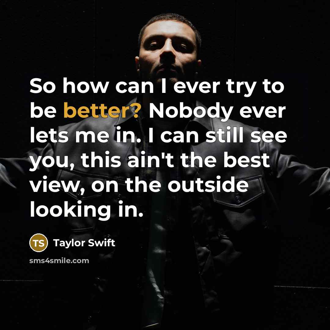 “So how can I ever try to be better? Nobody ever lets me in. I can still see you, this ain't the best view, on the outside looking in.” quote by Taylor Swift