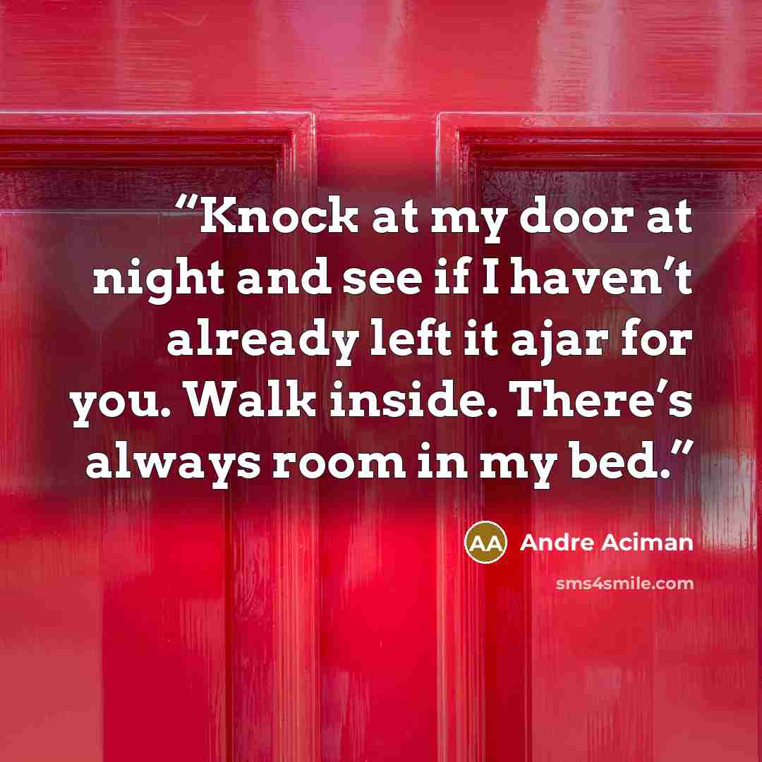 “Knock at my door at night and see if I haven’t already left it ajar for you. Walk inside. There’s always room in my bed.” quote by André Aciman