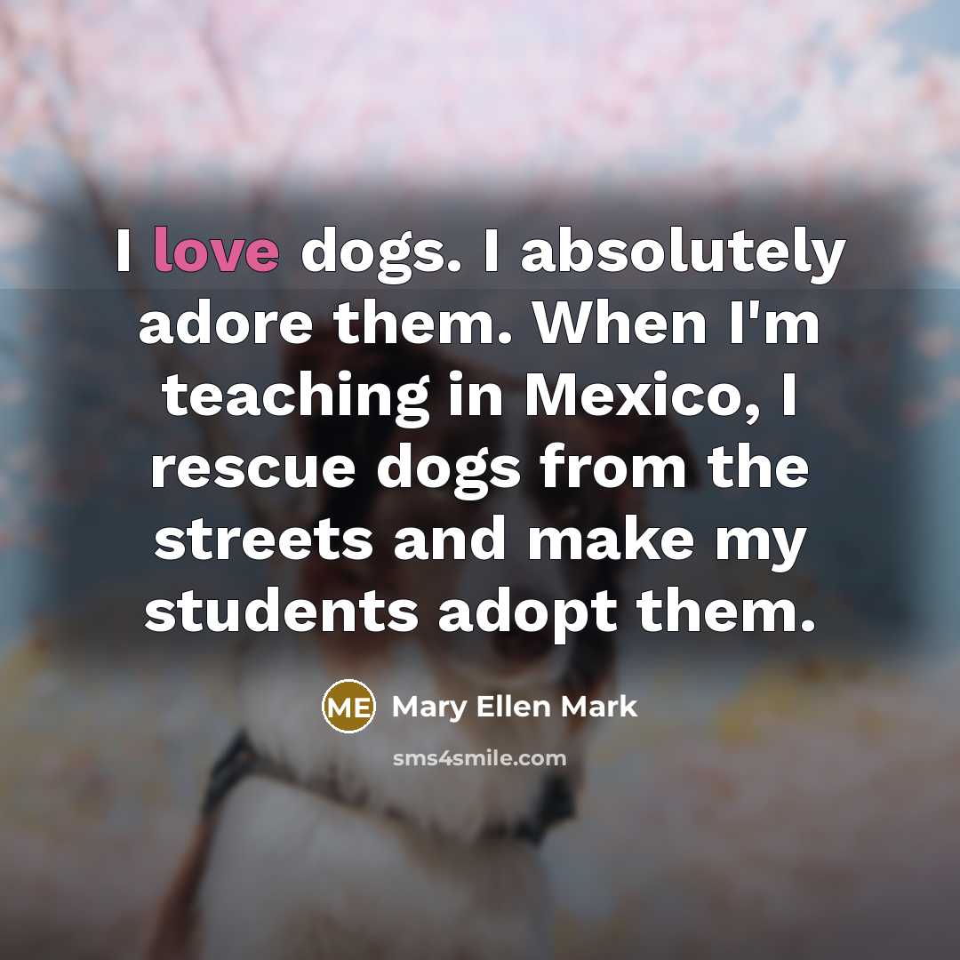 “I love dogs. I absolutely adore them. When I'm teaching…” quote by Mary Ellen Mark