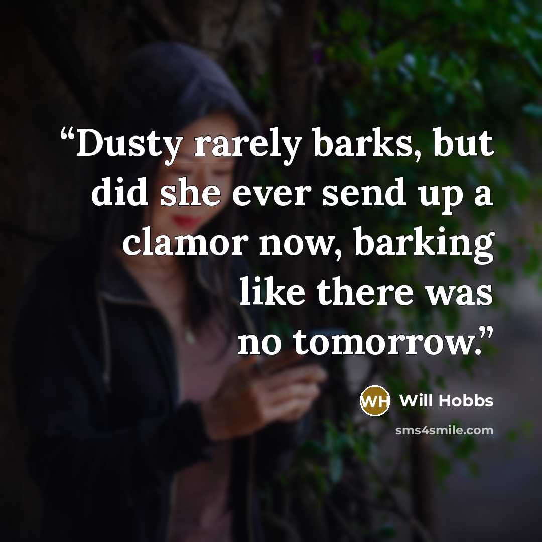 “Dusty rarely barks, but did she ever send up a clamor now, barking like there was no tomorrow.” quote by Will Hobbs
