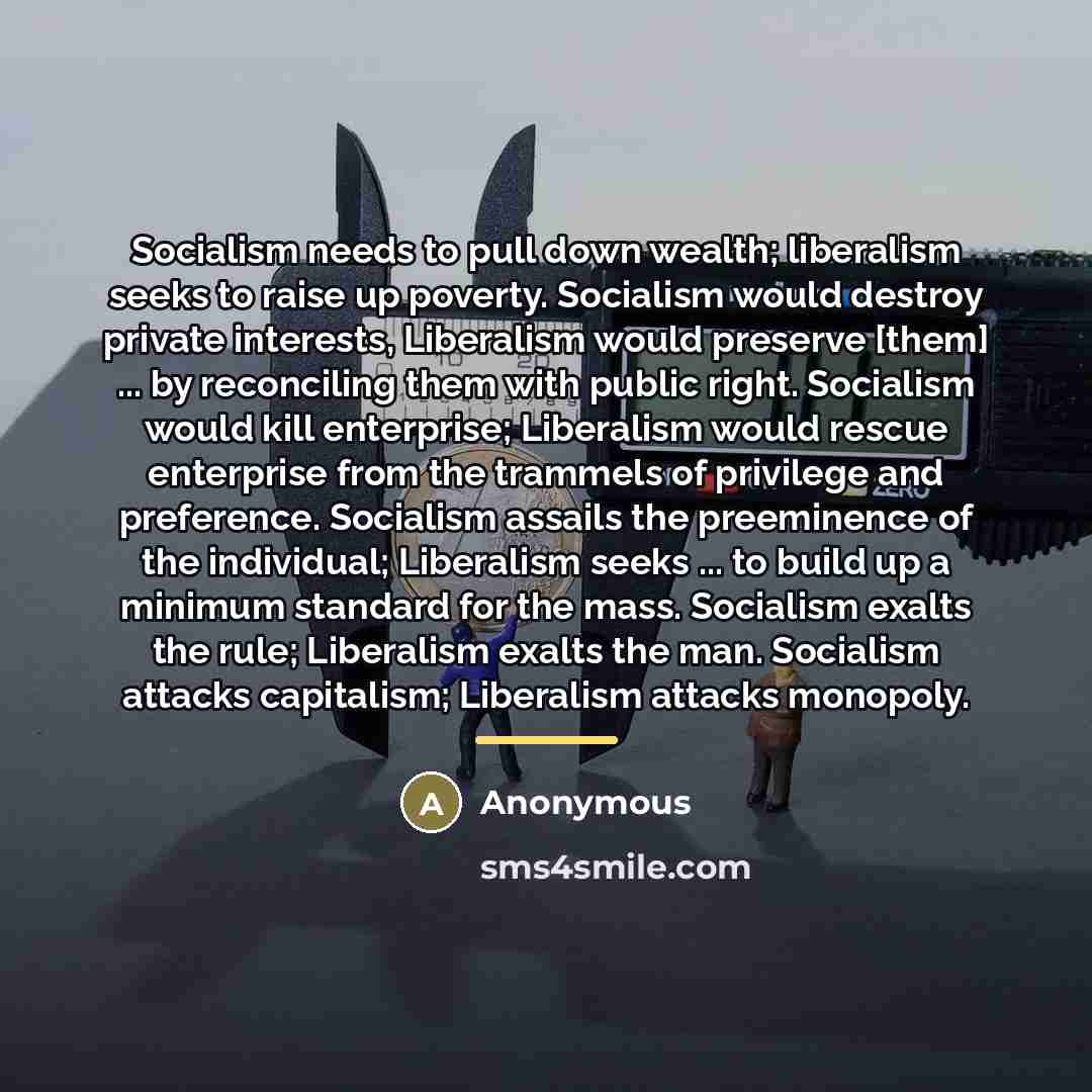 “Socialism needs to pull down wealth; liberalism seeks to raise…” quote by Anonymous
