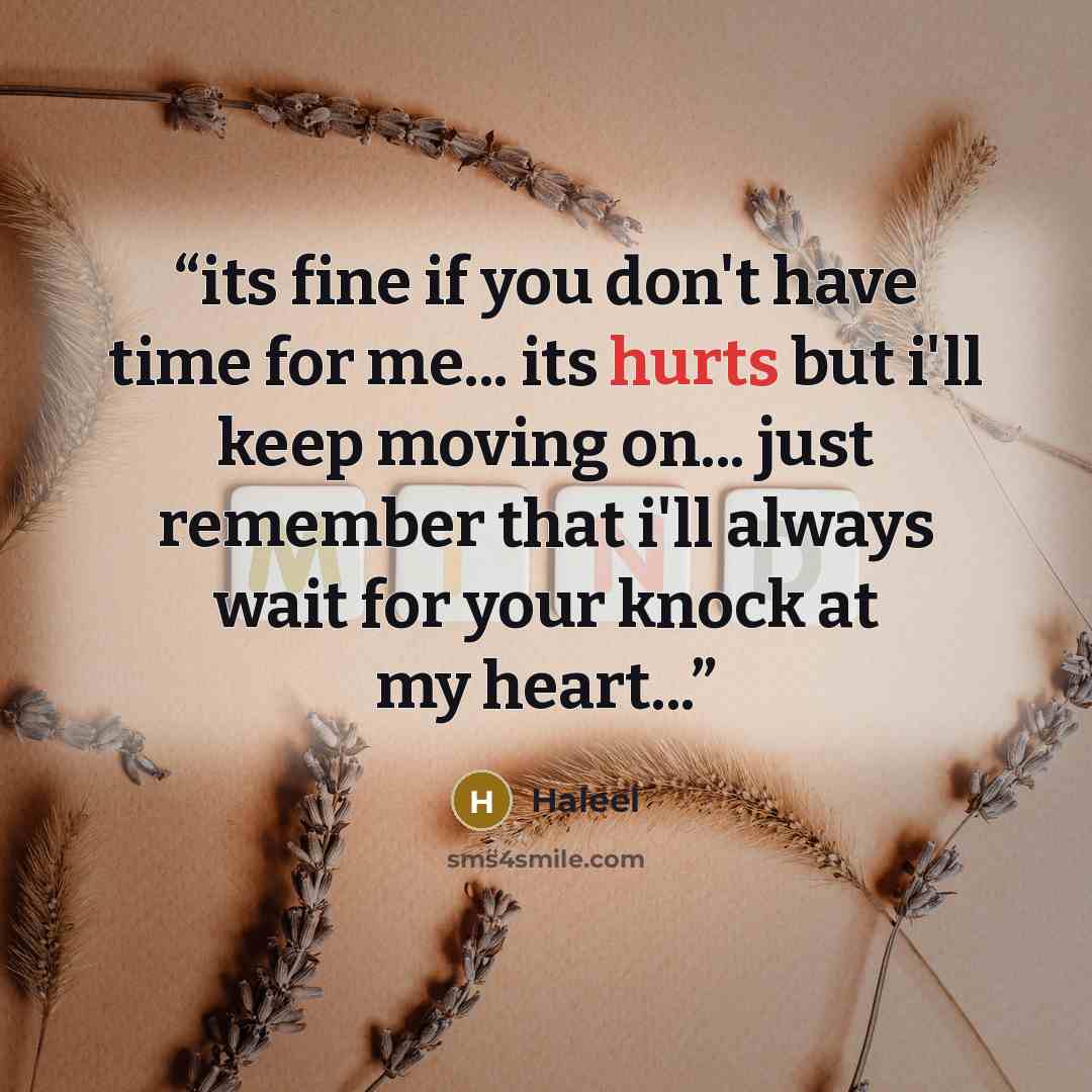 “its fine if you don't have time for me... its hurts but i'll keep moving on... just remember that i'll always wait for your knock at my heart...” quote by Haleel