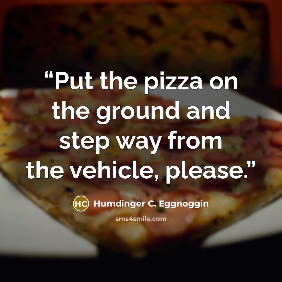 “Put the pizza on the ground and step way from the vehicle, please.” quote by Humdinger C. Eggnoggin