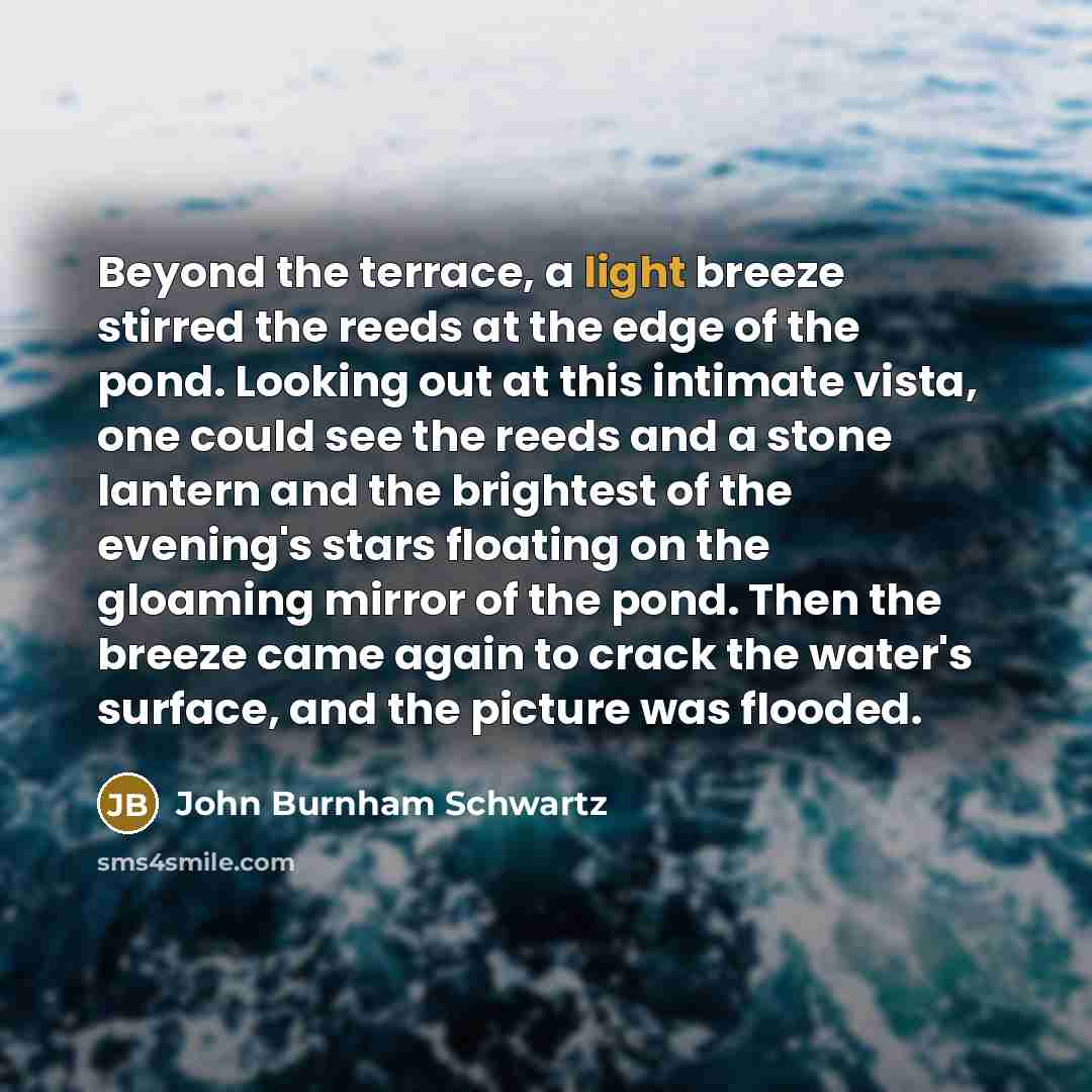 “Beyond the terrace, a light breeze stirred the reeds at…” quote by John Burnham Schwartz