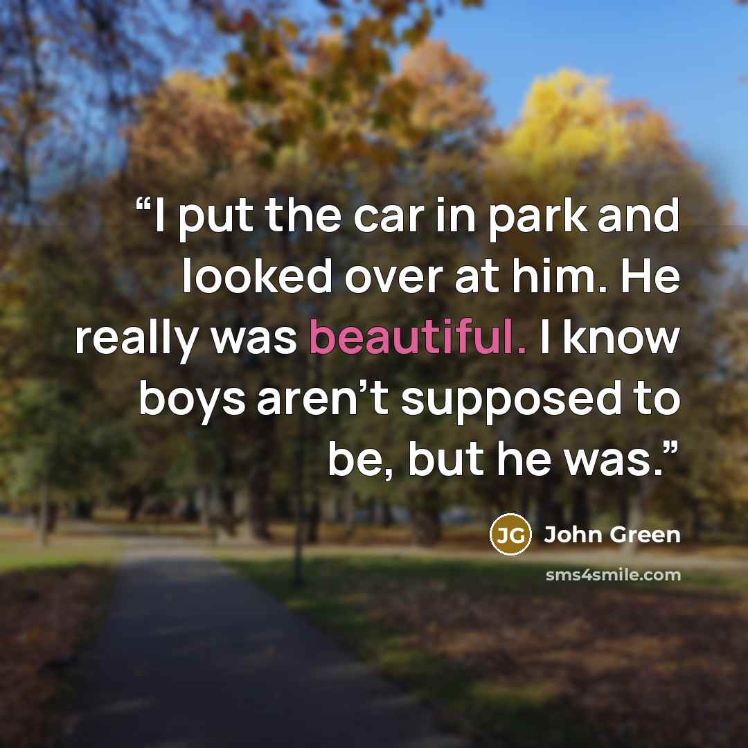 “I put the car in park and looked over at him. He really was beautiful. I know boys aren’t supposed to be, but he was.” quote by John Green