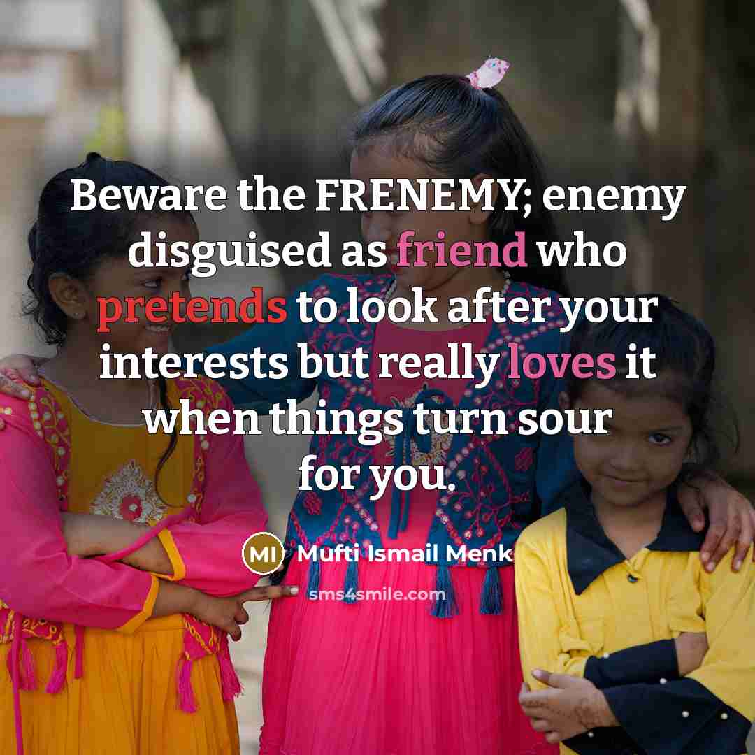 “Beware the FRENEMY; enemy disguised as friend who pretends to…” quote by Mufti Ismail Menk