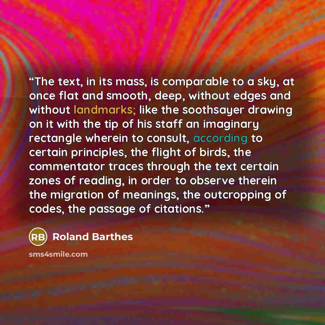“The text, in its mass, is comparable to a sky, at once flat and smooth, deep, without edges and without landmarks; like the soothsayer drawing on it with the tip of his staff an imaginary rectangle wherein to consult, according to certain principles, the flight of birds, the commentator traces…” quote by Roland Barthes