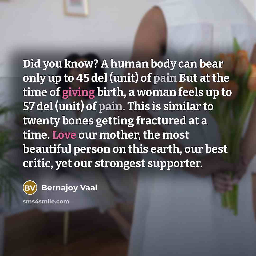 “Did you know? A human body can bear only up to 45 del (unit) of pain But at the time of giving birth, a woman feels up to 57 del (unit) of pain. This is similar to twenty bones getting fractured at a time. Love our mother, the most beautiful person on this earth, our best critic, yet our strongest…” quote by Bernajoy Vaal
