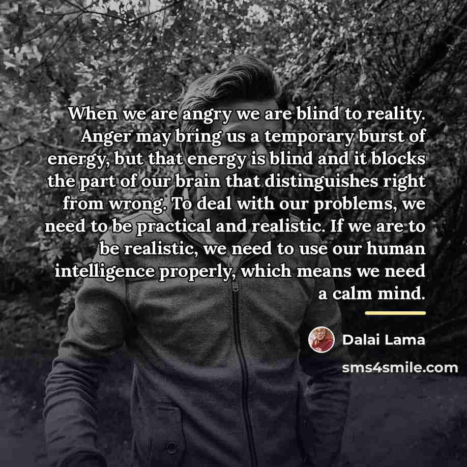 “When we are angry we are blind to reality. Anger…” quote by Dalai Lama