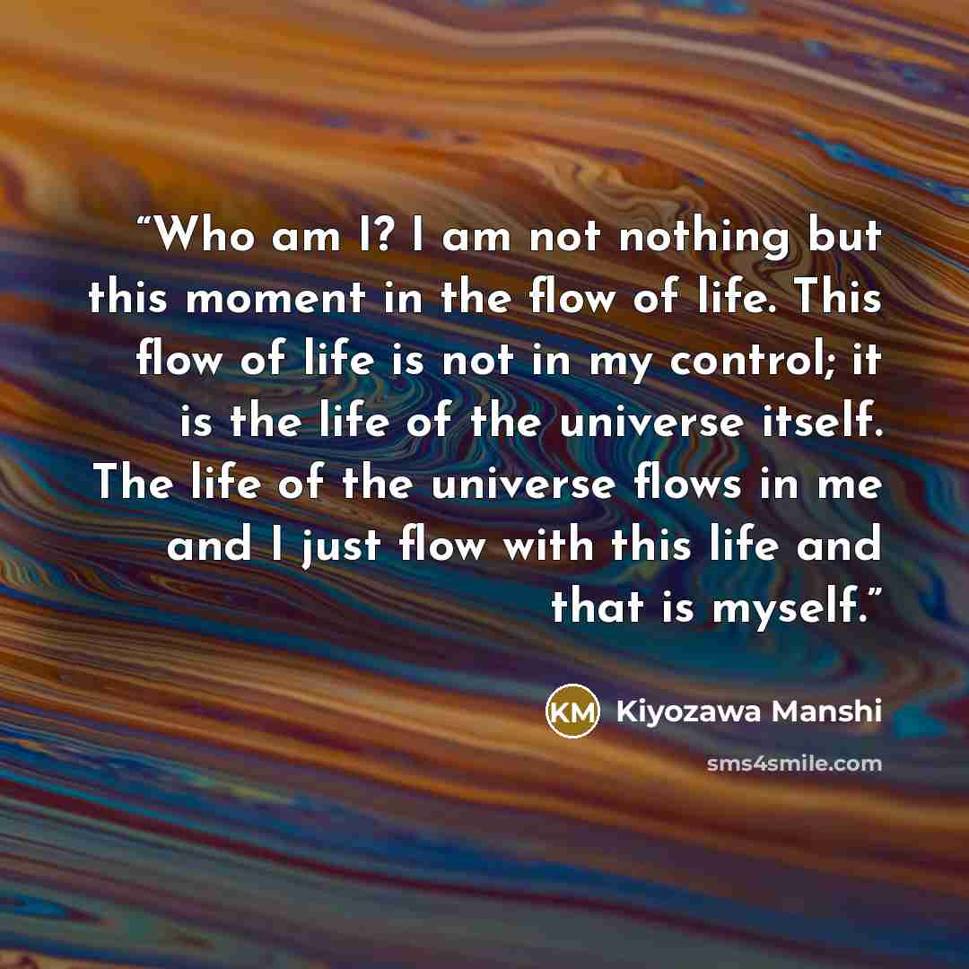 “Who am I? I am not nothing but this moment in the flow of life. This flow of life is not in my control; it is the life of the universe itself. The life of the universe flows in me and I just flow with this life and that is myself.” quote by Kiyozawa Manshi