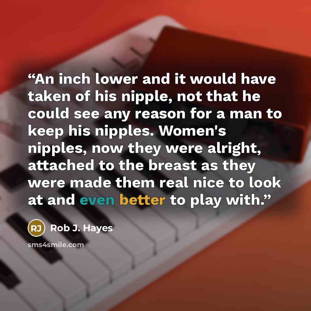 “An inch lower and it would have taken of his nipple, not that he could see any reason for a man to keep his nipples. Women's nipples, now they were alright, attached to the breast as they were made them real nice to look at and even better to play with.” quote by Rob J. Hayes