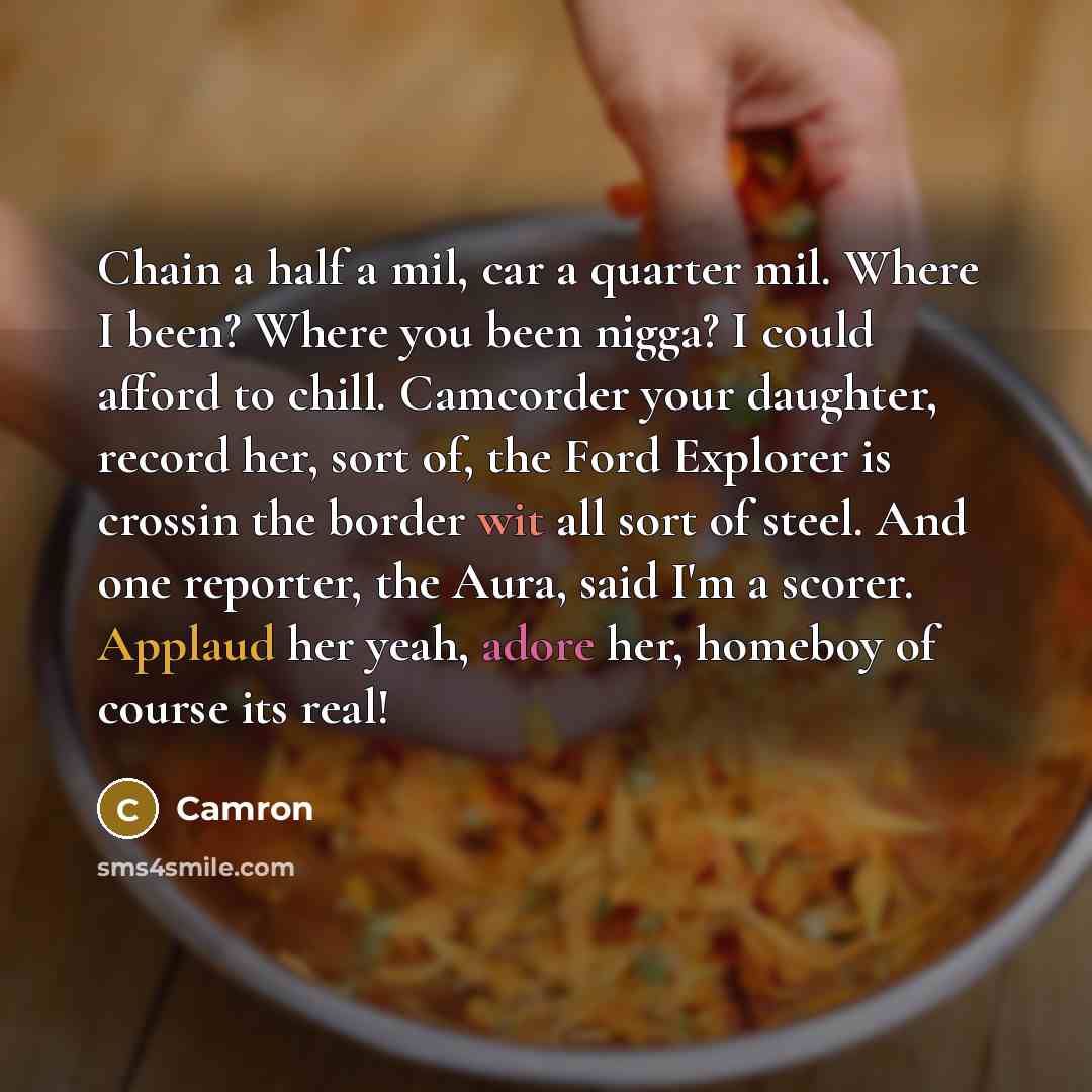 “Chain a half a mil, car a quarter mil. Where…” quote by Camron
