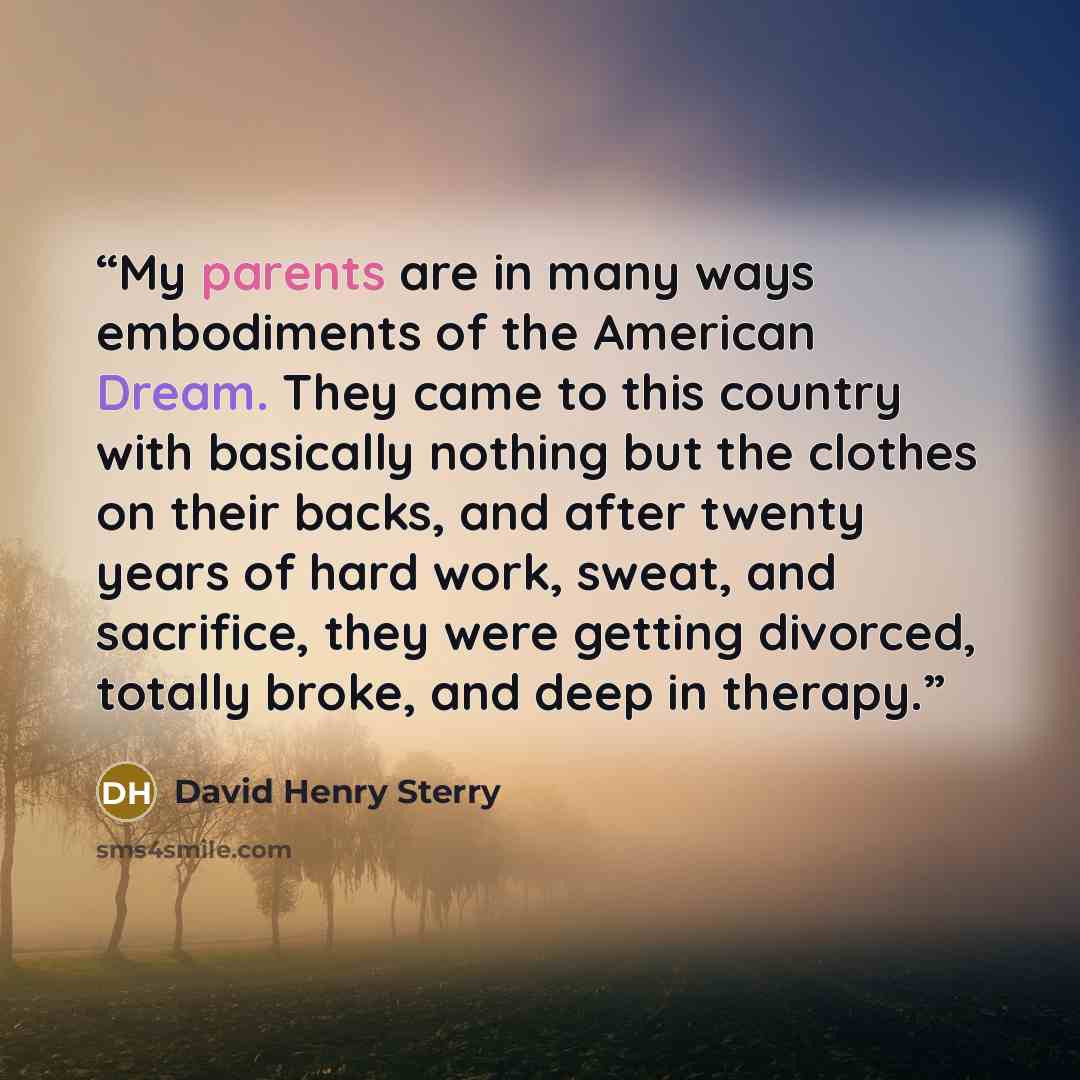 “My parents are in many ways embodiments of the American Dream. They came to this country with basically nothing but the clothes on their backs, and after twenty years of hard work, sweat, and sacrifice, they were getting divorced, totally broke, and deep in therapy.” quote by David Henry Sterry