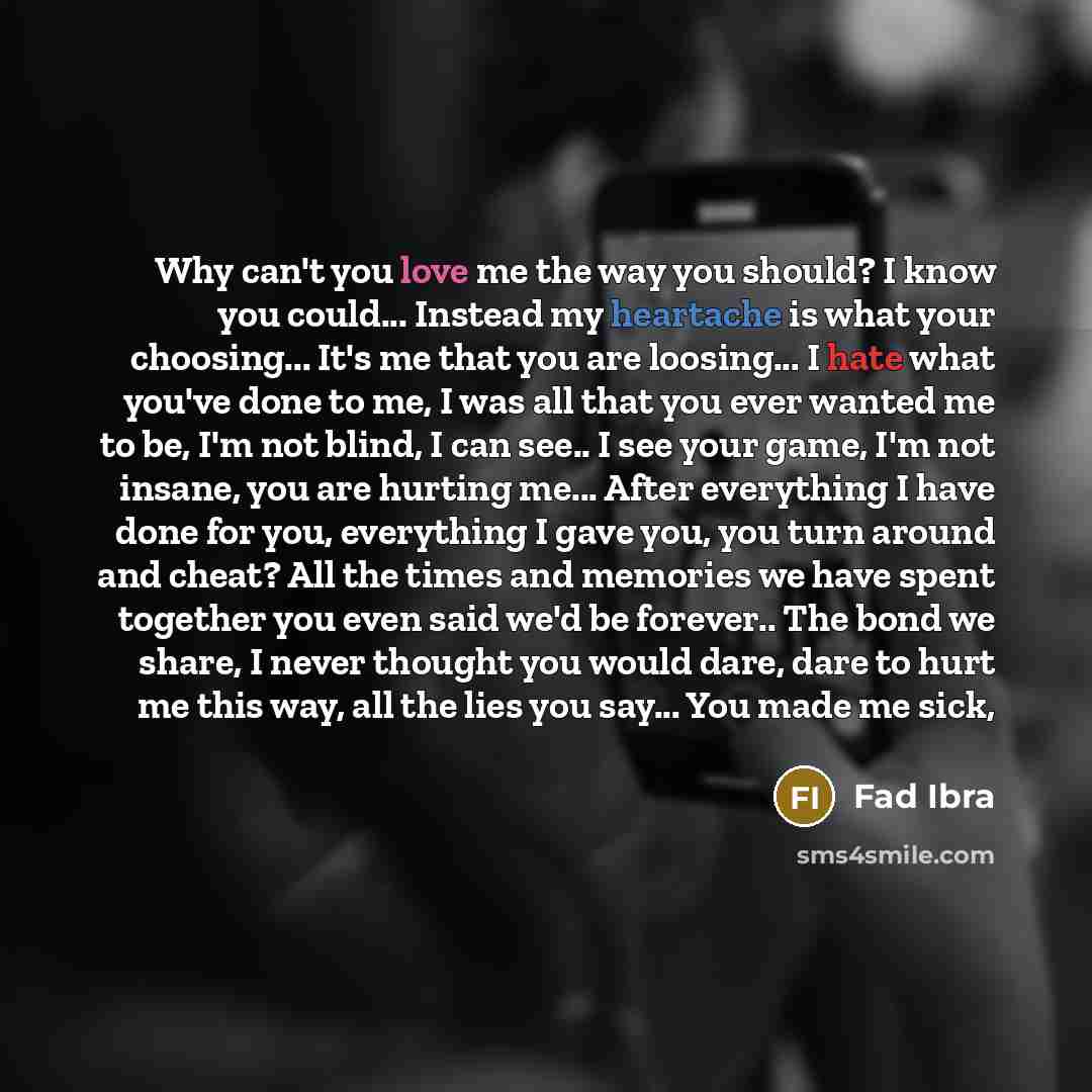 “Why can't you love me the way you should? I know you could... Instead my heartache is what your choosing... It's me that you are loosing... I hate what you've done to me, I was all that you ever wanted me to be, I'm not blind, I can see.. I see your game, I'm not insane, you are hurting me…” quote by Fad Ibra