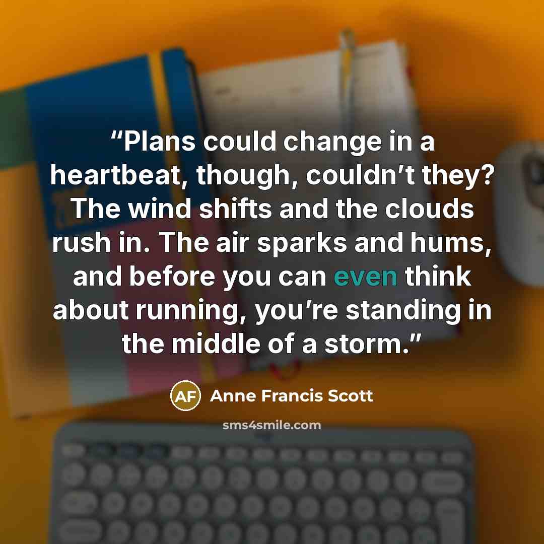 “Plans could change in a heartbeat, though, couldn’t they? The wind shifts and the clouds rush in. The air sparks and hums, and before you can even think about running, you’re standing in the middle of a storm.” quote by Anne Francis Scott