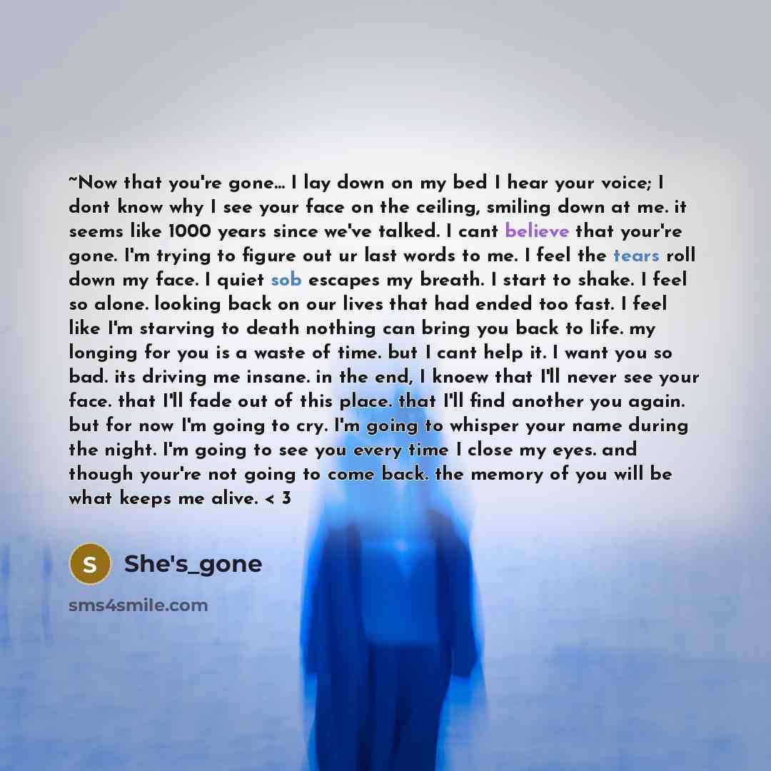 “~Now that you're gone… I lay down on my bed I hear your voice; I dont know why I see your face on the ceiling, smiling down at me. it seems like 1000 years since we've talked. I cant believe that your're gone. I'm trying to figure out ur last words to me. I feel the tears roll down my face. I…” quote by She's_gone