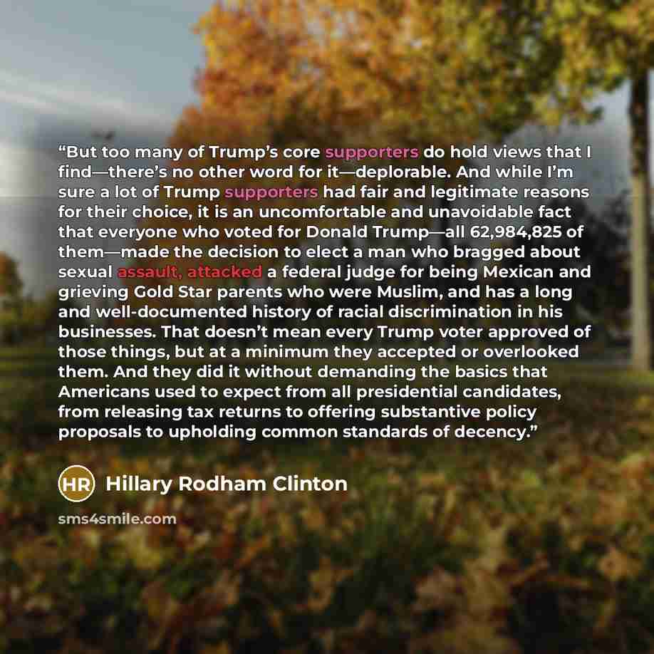“But too many of Trump’s core supporters do hold views that I find—there’s no other word for it—deplorable. And while I’m sure a lot of Trump supporters had fair and legitimate reasons for their choice, it is an uncomfortable and unavoidable fact that everyone who voted for Donald Trump—all…” quote by Hillary Rodham Clinton