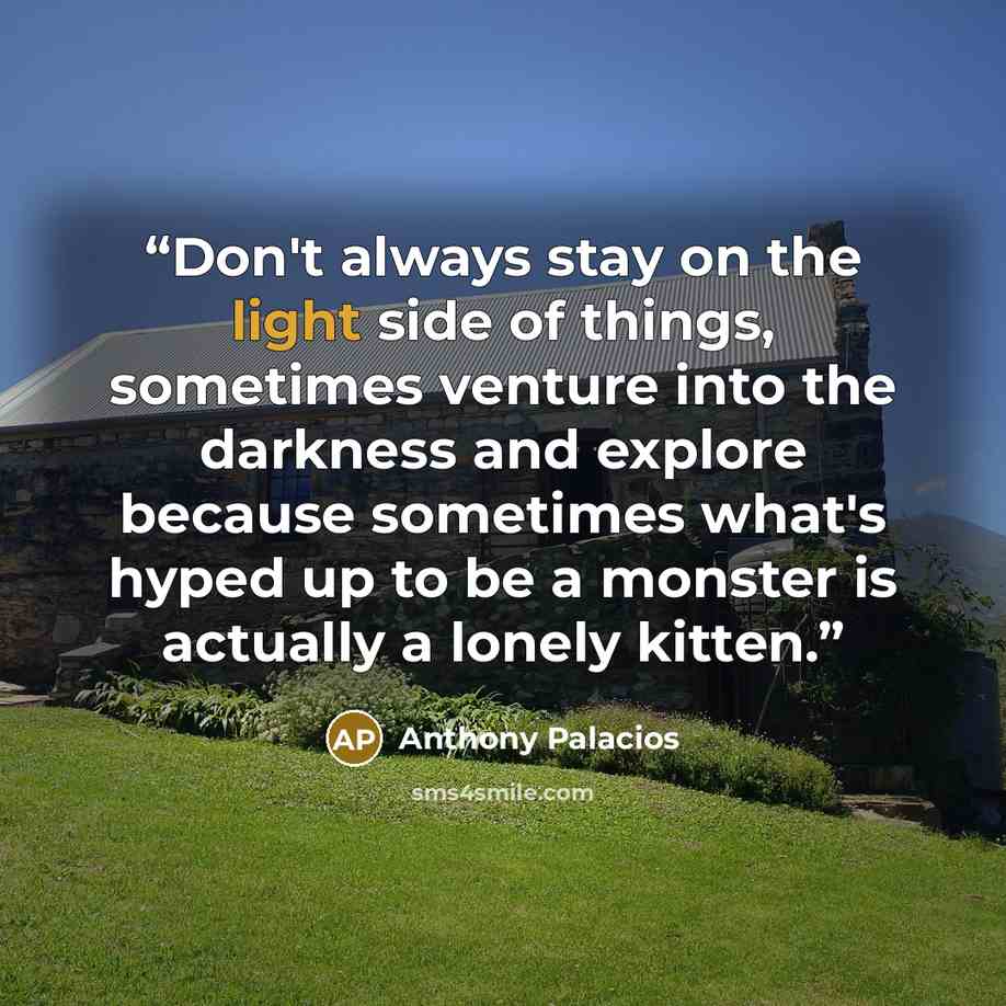 “Don't always stay on the light side of things, sometimes venture into the darkness and explore because sometimes what's hyped up to be a monster is actually a lonely kitten.” quote by Anthony Palacios
