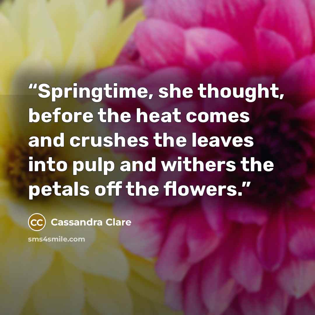 “Springtime, she thought, before the heat comes and crushes the leaves into pulp and withers the petals off the flowers.” quote by Cassandra Clare