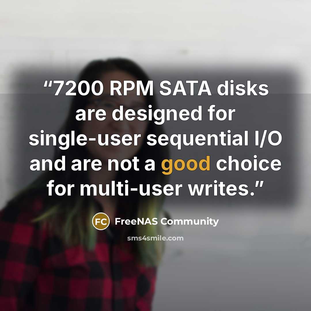 “7200 RPM SATA disks are designed for single-user sequential I/O and are not a good choice for multi-user writes.” quote by FreeNAS Community