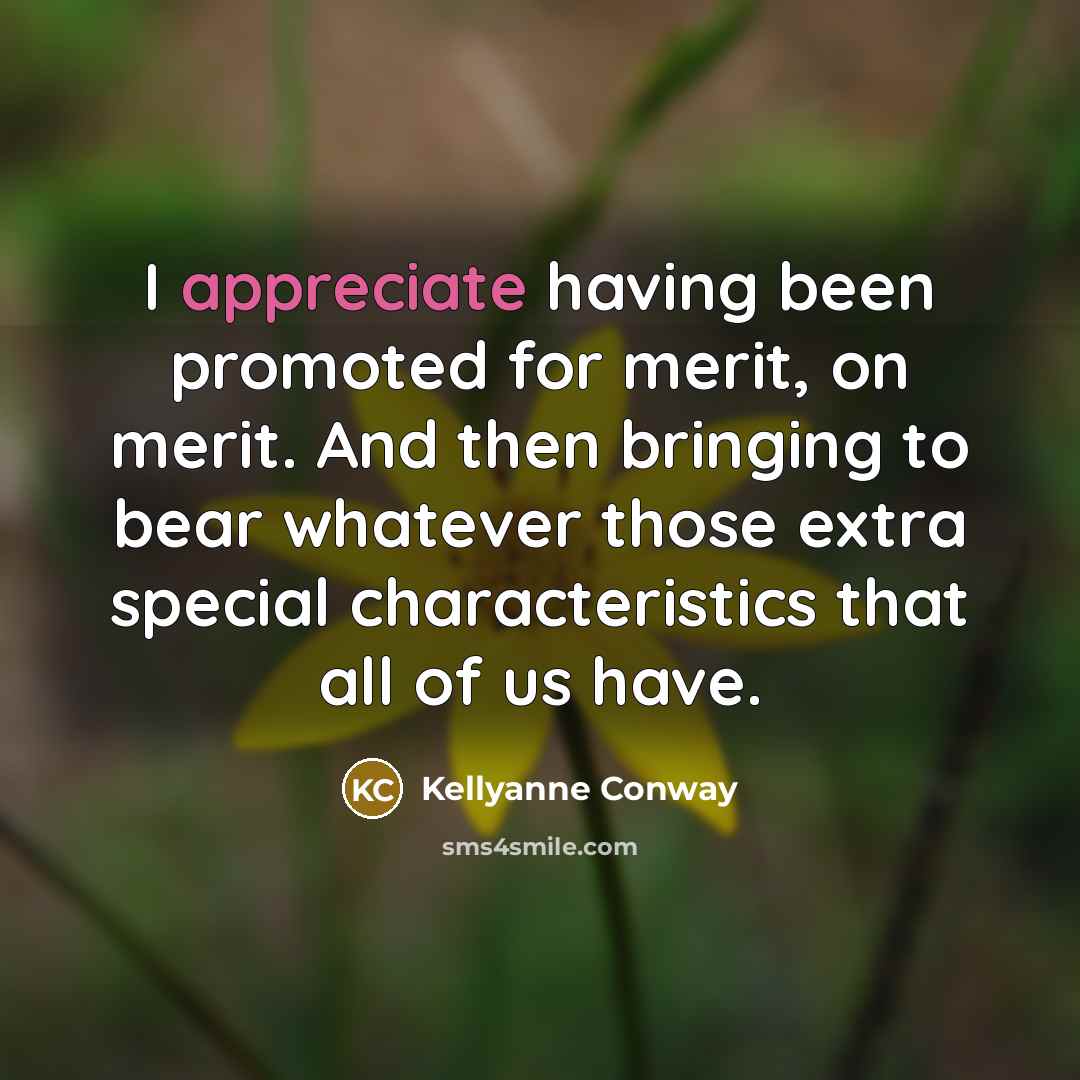 “I appreciate having been promoted for merit, on merit. And…” quote by Kellyanne Conway