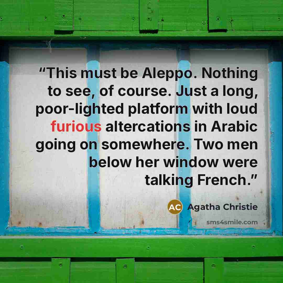 “This must be Aleppo. Nothing to see, of course. Just a long, poor-lighted platform with loud furious altercations in Arabic going on somewhere. Two men below her window were talking French.” quote by Agatha Christie