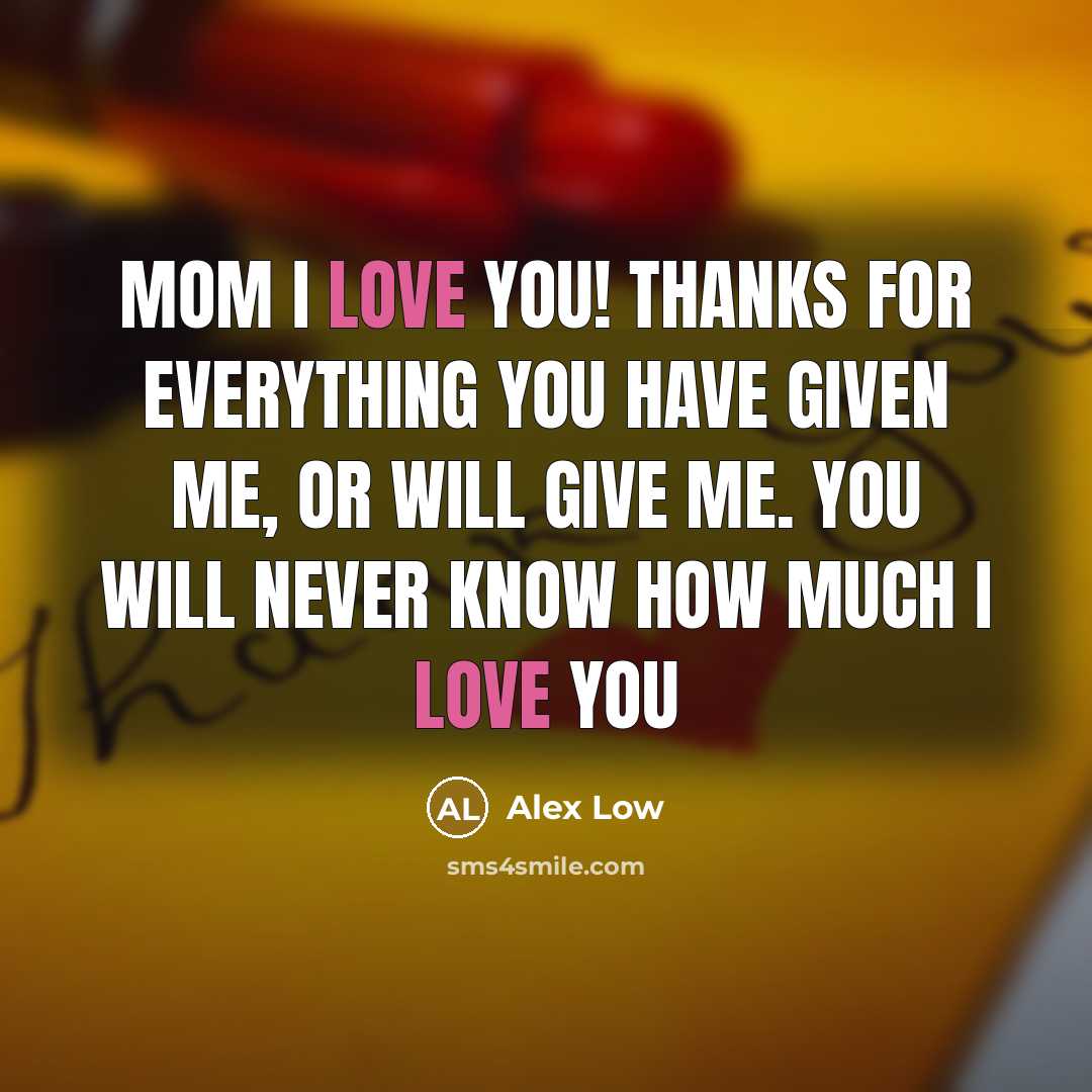 “Mom I love you! Thanks for everything you have given me, or will give me. You will never know how much I love you” quote by Alex Low