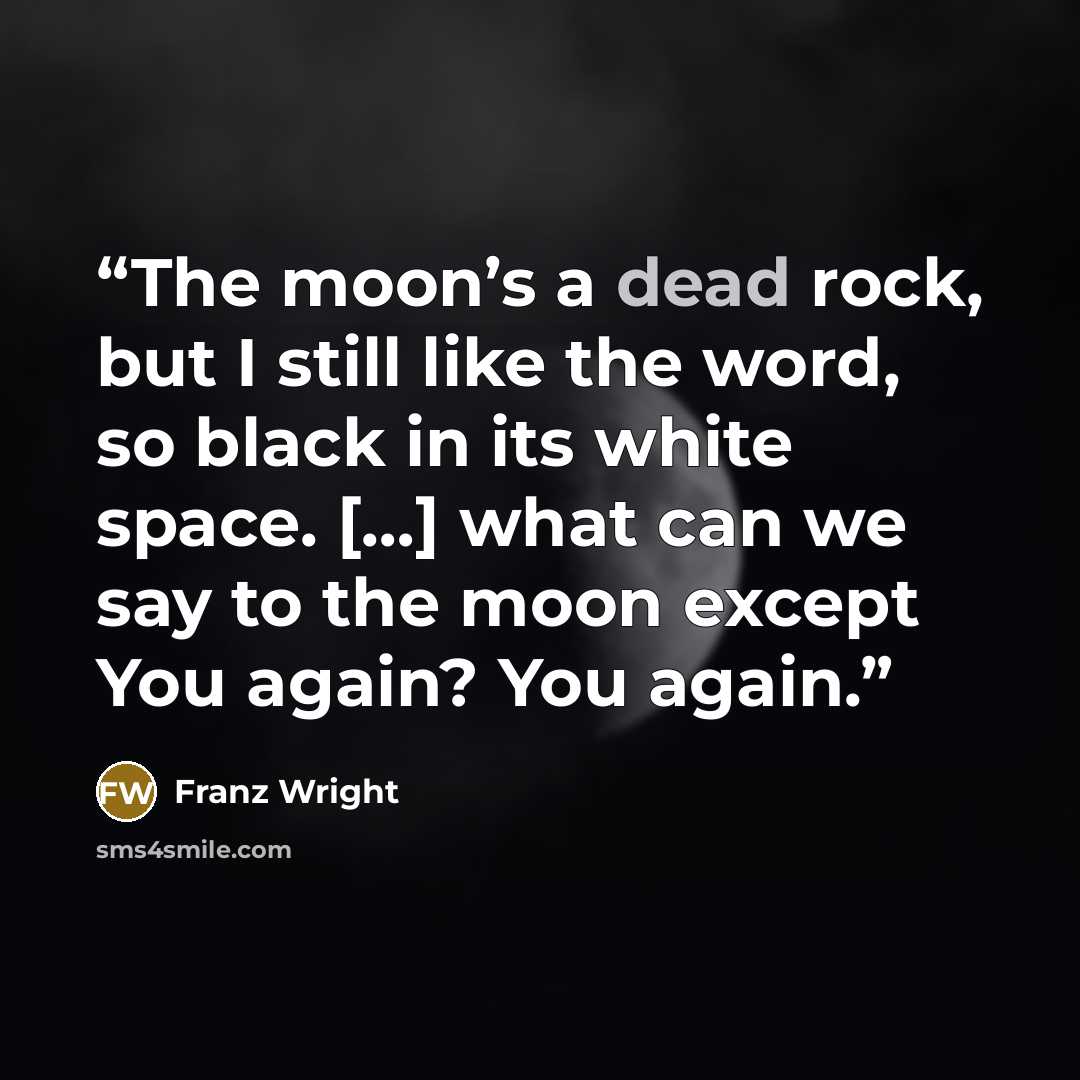 “The moon’s a dead rock, but I still like the word, so black in its white space. […] what can we say to the moon except You again? You again.” quote by Franz Wright