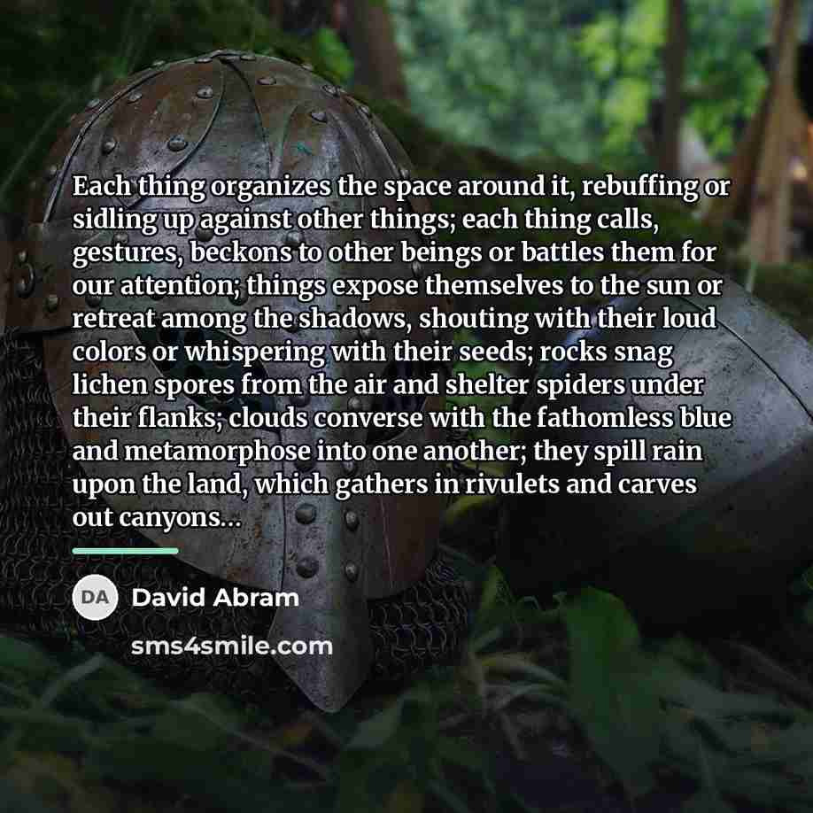 “Each thing organizes the space around it, rebuffing or sidling…” quote by David Abram