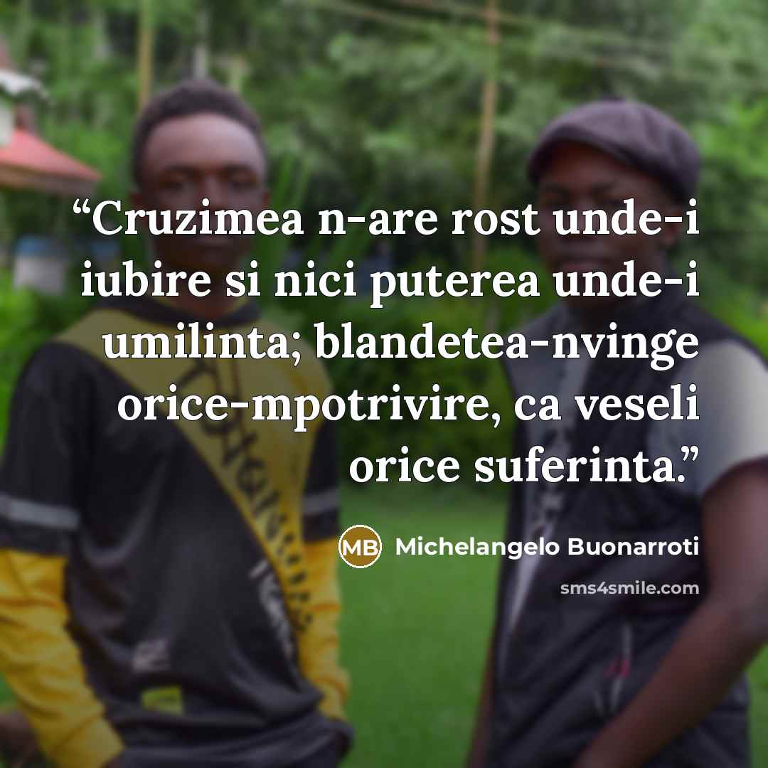 “Cruzimea n-are rost unde-i iubire si nici puterea unde-i umilinta; blandetea-nvinge orice-mpotrivire, ca veseli orice suferinta.” quote by Michelangelo Buonarroti