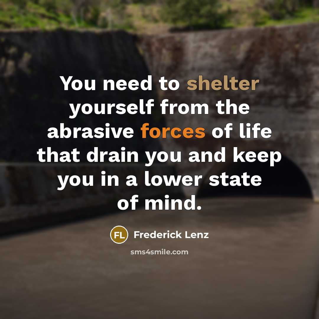 “You need to shelter yourself from the abrasive forces of life that drain you and keep you in a lower state of mind.” quote by Frederick Lenz