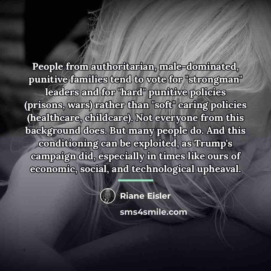 “People from authoritarian, male-dominated, punitive families tend to vote for…” quote by Riane Eisler