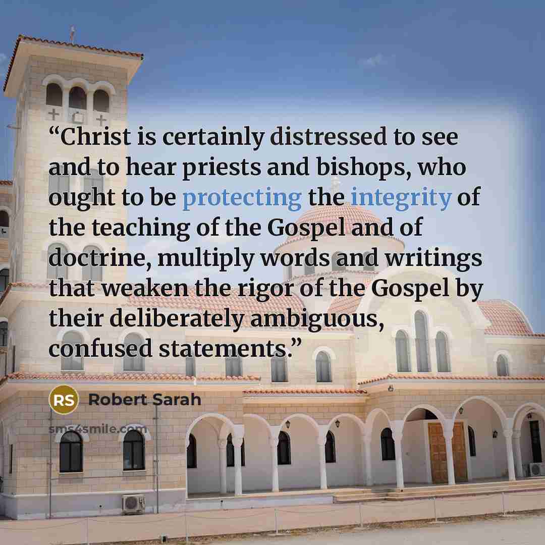 “Christ is certainly distressed to see and to hear priests and bishops, who ought to be protecting the integrity of the teaching of the Gospel and of doctrine, multiply words and writings that weaken the rigor of the Gospel by their deliberately ambiguous, confused statements.” quote by Robert Sarah