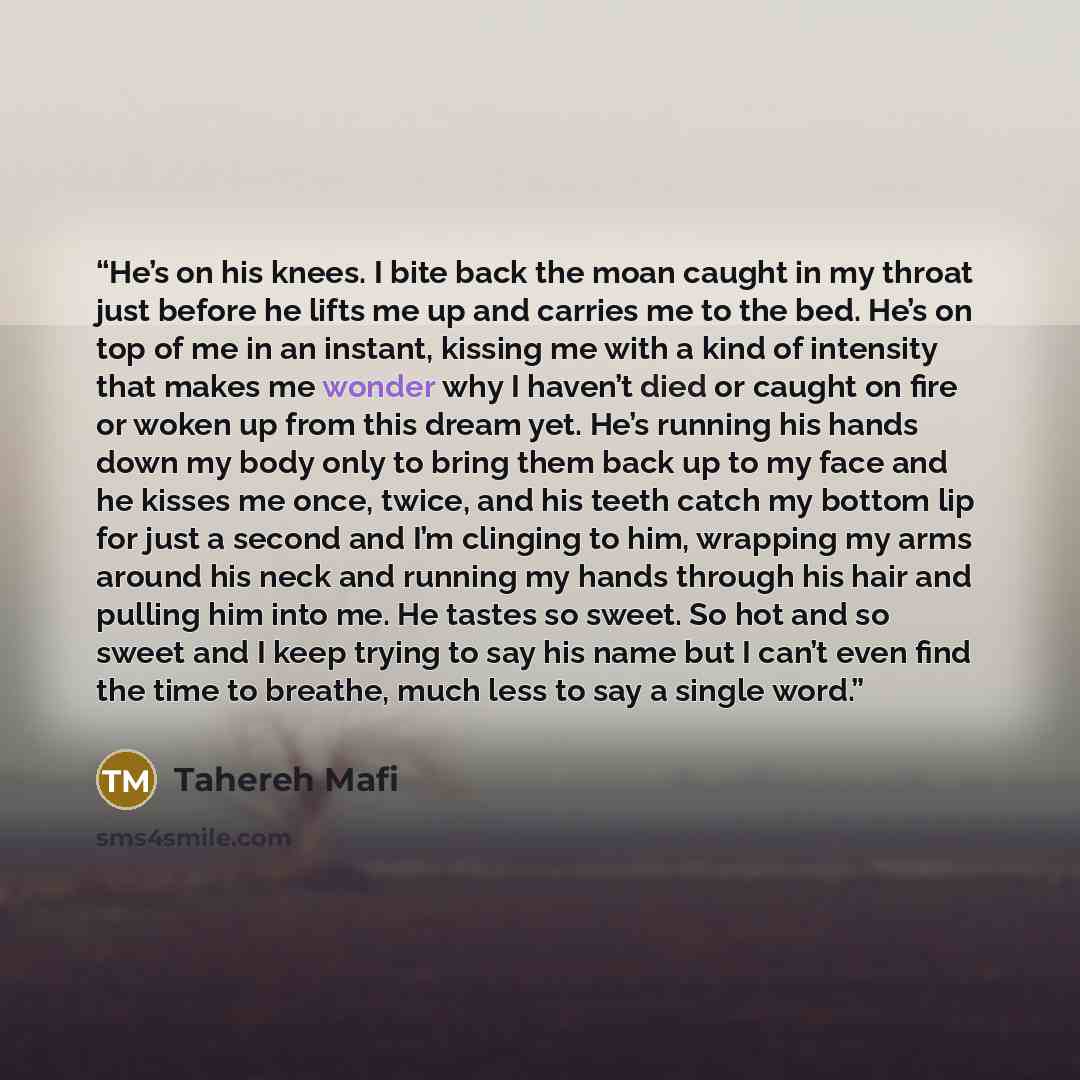 “He’s on his knees. I bite back the moan caught in my throat just before he lifts me up and carries me to the bed. He’s on top of me in an instant, kissing me with a kind of intensity that makes me wonder why I haven’t died or caught on fire or woken up from this dream yet. He’s running his hands…” quote by Tahereh Mafi