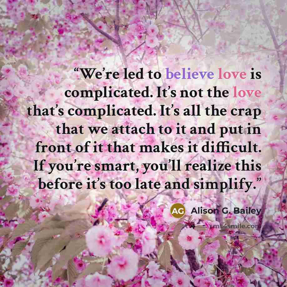 “We’re led to believe love is complicated. It’s not the love that’s complicated. It’s all the crap that we attach to it and put in front of it that makes it difficult. If you’re smart, you’ll realize this before it’s too late and simplify.” quote by Alison G. Bailey