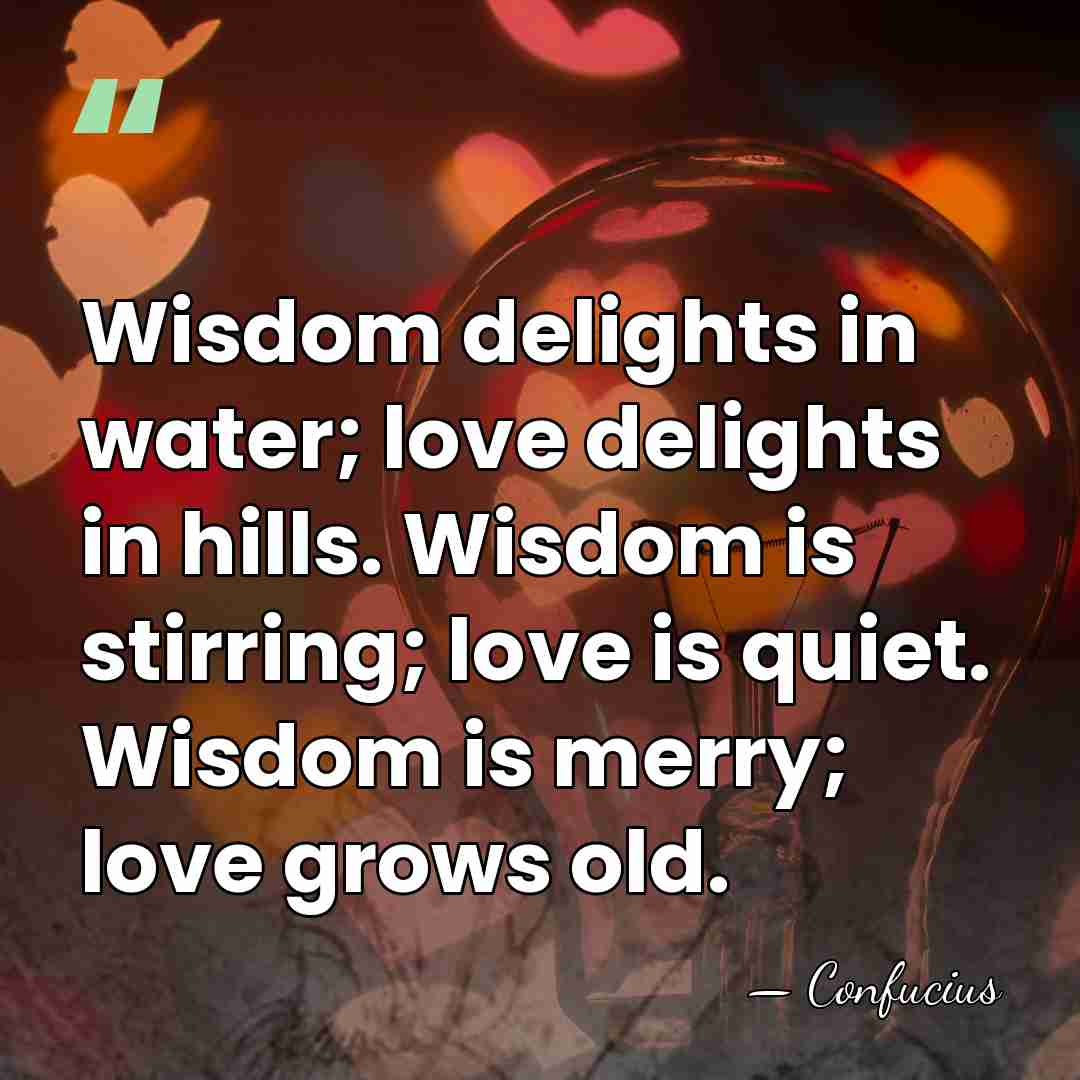Wisdom delights in water; love delights in hills. Wisdom is stirring; love&hellip; - Confucius