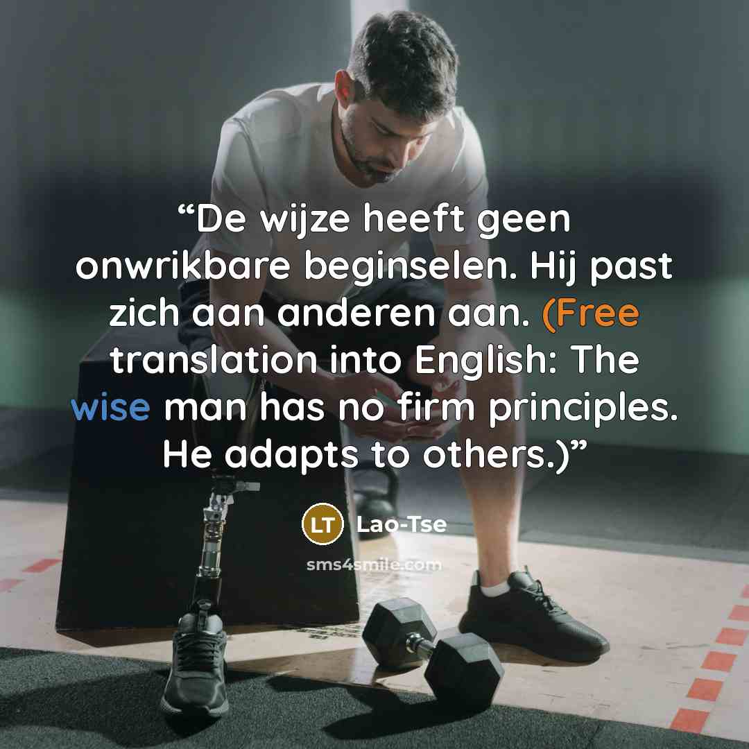 “De wijze heeft geen onwrikbare beginselen. Hij past zich aan anderen aan. (Free translation into English: The wise man has no firm principles. He adapts to others.)” quote by Lao-Tse