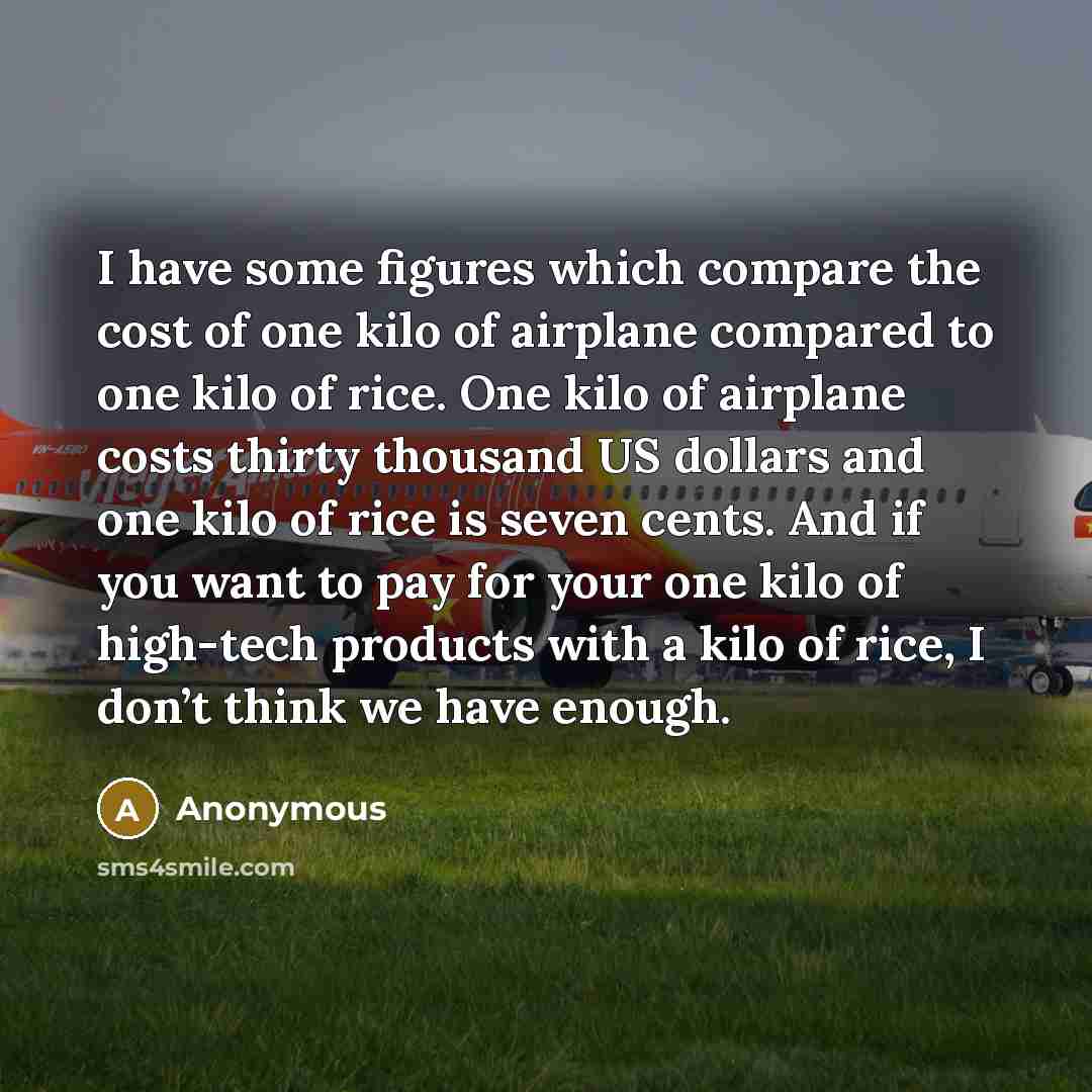 “I have some figures which compare the cost of one kilo of airplane compared to one kilo of rice. One kilo of airplane costs thirty thousand US dollars and one kilo of rice is seven cents. And if you want to pay for your one kilo of high-tech products with a kilo of rice, I don’t think we have…” quote by Anonymous