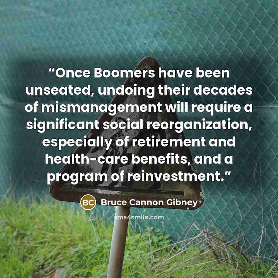 “Once Boomers have been unseated, undoing their decades of mismanagement will require a significant social reorganization, especially of retirement and health-care benefits, and a program of reinvestment.” quote by Bruce Cannon Gibney