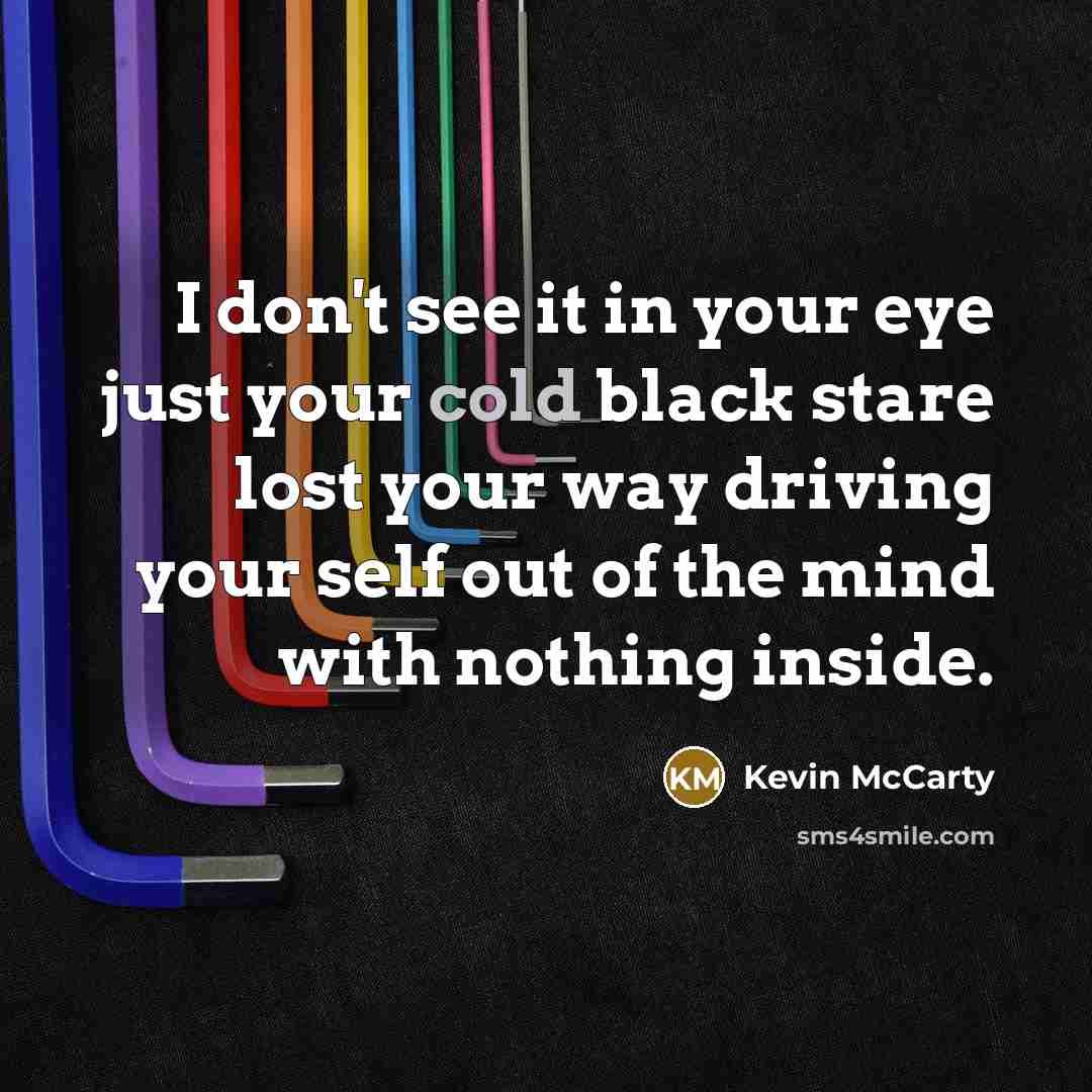 “I don't see it in your eye just your cold black stare lost your way driving your self out of the mind with nothing inside.” quote by Kevin McCarty