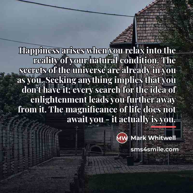 “Happiness arises when you relax into the reality of your…” quote by Mark Whitwell