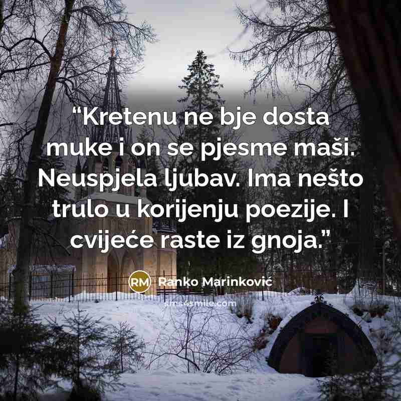 “Kretenu ne bje dosta muke i on se pjesme maši. Neuspjela ljubav. Ima nešto trulo u korijenju poezije. I cvijeće raste iz gnoja.” quote by Ranko Marinković