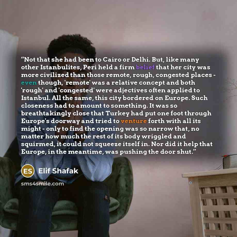 “Not that she had been to Cairo or Delhi. But, like many other Istanbulites, Peri held a firm belief that her city was more civilized than those remote, rough, congested places - even though, 'remote' was a relative concept and both 'rough' and 'congested' were adjectives often applied to Istanbul…” quote by Elif Shafak