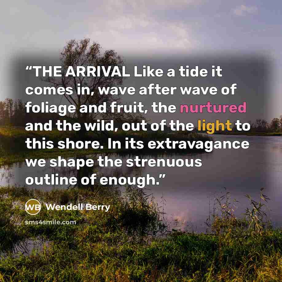 “THE ARRIVAL Like a tide it comes in, wave after wave of foliage and fruit, the nurtured and the wild, out of the light to this shore. In its extravagance we shape the strenuous outline of enough.” quote by Wendell Berry